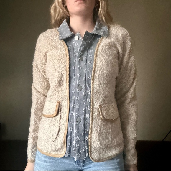Mystree Cream Knit Jacket with Denim Floral Trim Size S Boutique - Picture 2 of 8